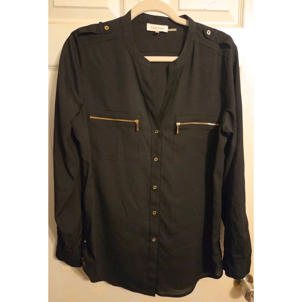 Black Calvin Klein blouse featuring stylish gold-tone zipper chest pockets M